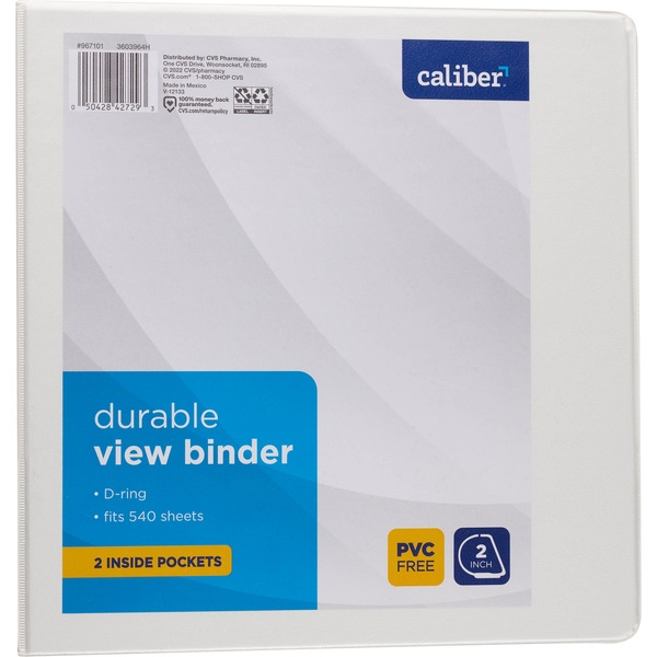 Caliber Binder Durable View D-Ring w/2 Pockets 2" White