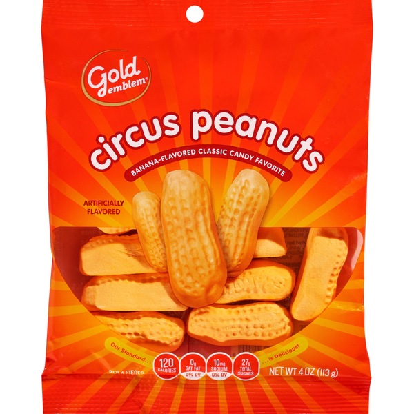 Clicking on the image opens a new modal with 2 larger images of Gold Emblem Circus Peanuts, 4.75 OZ. Some images may not have descriptive text. 1 out of 2.