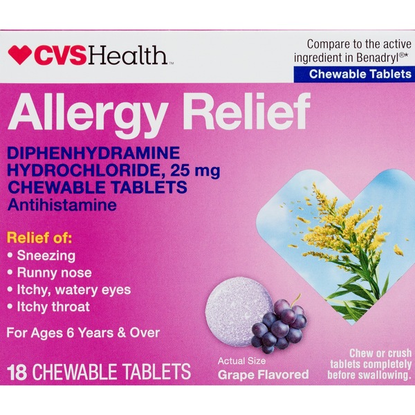 CVS Health Allergy Relief Meltaways Grape Flavored Diphenhydramine Hydrochloride Tablets, 18 CT