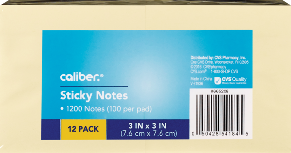 Caliber Sticky Notes Removable 3" Square 100Ct Pads 12-Pack