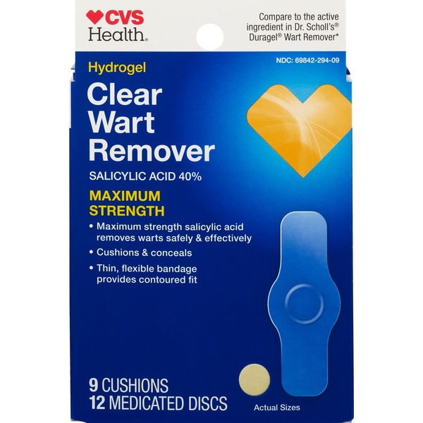 Clicking on the image opens a new modal with 1 larger images of CVS Wart Remover Clear Hydrogel SalicylicAcd40% 9Cush+12Disc. Some images may not have descriptive text. 1 out of 1.
