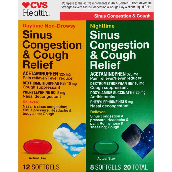 CVS Health Severe Sinus Congestion & Cough Relief Day 12CT & Night 8CT, Total 20CT 