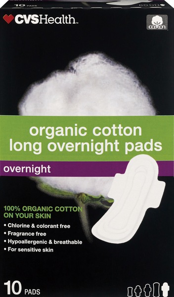 CVS Health Long Organic Cotton Overnight Pads, 10 CT