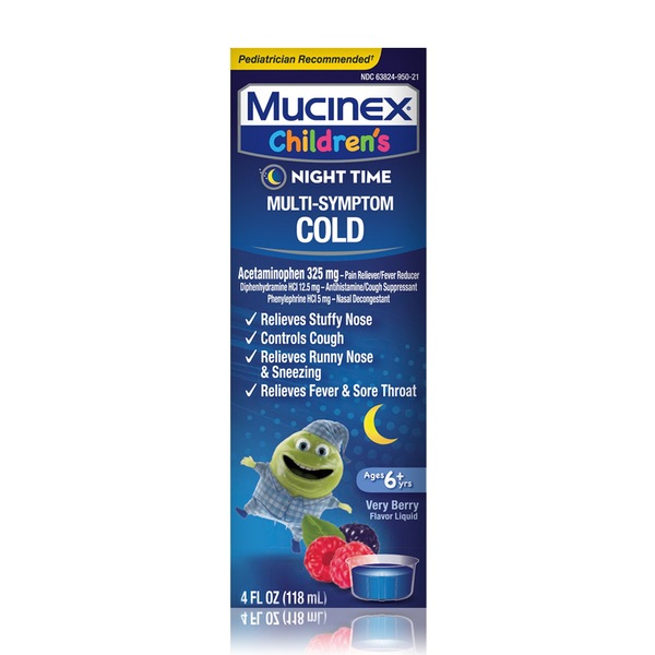 Mucinex Children's Multi-Symptom Nighttime Cold Liquid, Very Berry Flavor, 4 OZ (Packaging May Vary)