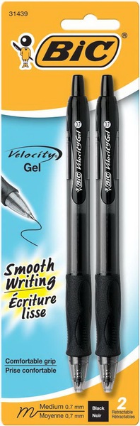 BIC Velocity Retractable 0.7mm Medium Point Gel Black Ink, 2CT