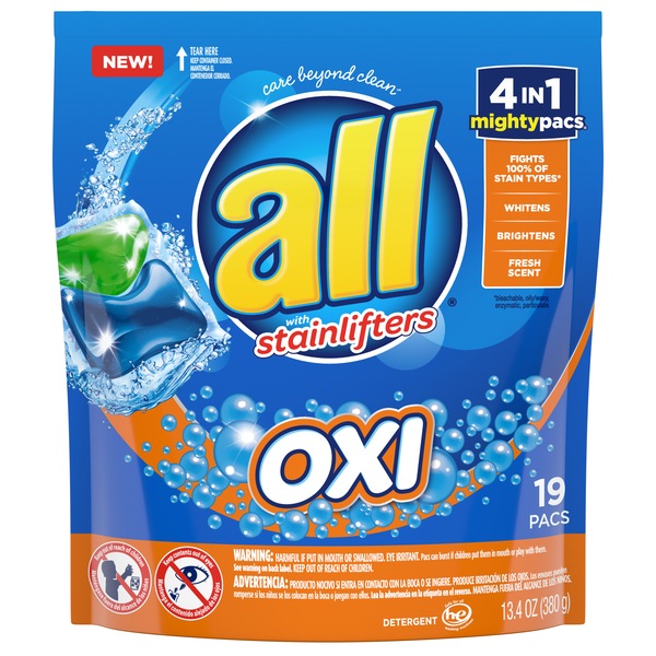 all Mighty Pacs Laundry Detergent, 4 in 1 with OXI, 19 CT