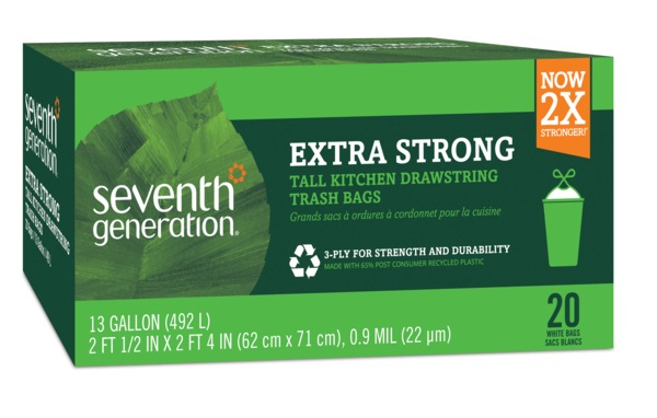 Seventh Generation Extra Strong Tall Kitchen Drawstring Trash Bags, White, 20CT