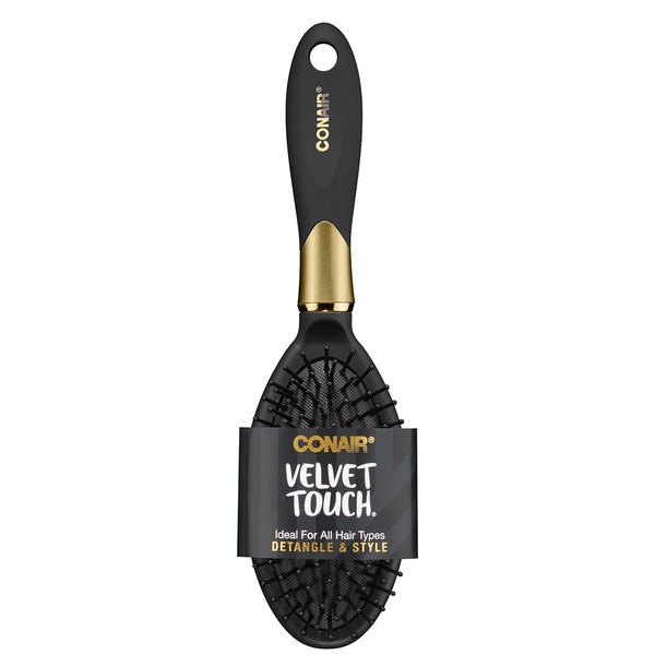 Clicking on the image opens a new modal with 3 larger images of Conair Velvet Cushion Base Brush . Some images may not have descriptive text. 1 out of 3.