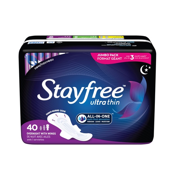 Stayfree Ultra Thin Pads with Wings, Overnight, 28 CT