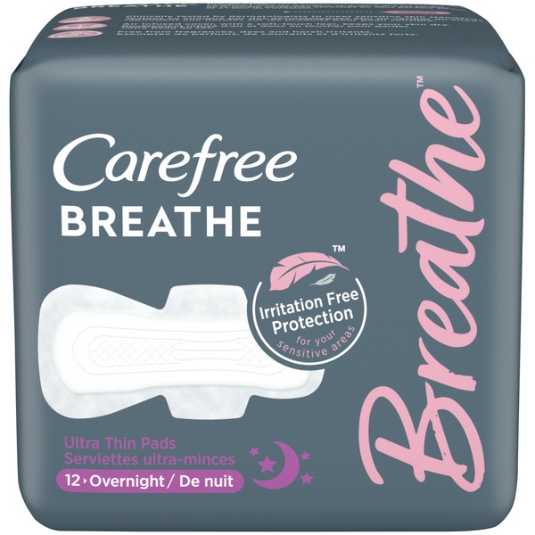 Carefree Breathe Ultra Thin Overnight Pads with Wings, 12 CT