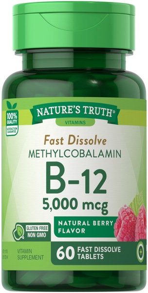 Clicking on the image opens a new modal with 1 larger images of Nature's Truth Fast Dissolve Methylcobalamin Vitamin B-12 5,000 mcg. Some images may not have descriptive text. 1 out of 1.
