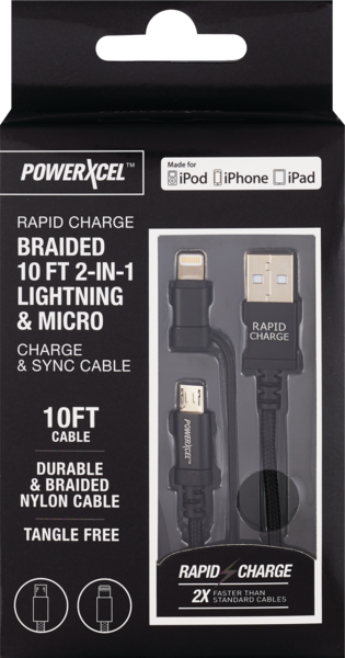 Rapid Charge Braided 10Ft 2-In-1 Lightning & Micro Charge & Sync Cable, Black