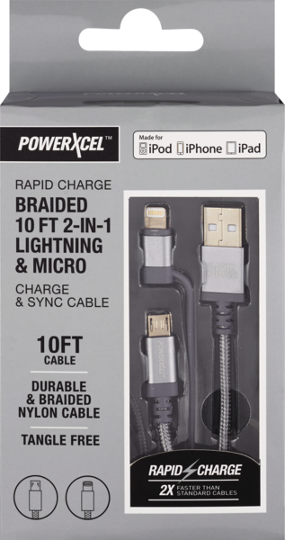 Rapid Charge Braided 10Ft 2-In-1 Lightning & Micro Charge & Sync Cable, Silver