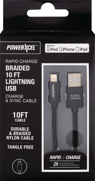 Rapid Charge Braided 10Ft Lightning USB Charge & Sync Cable, Black