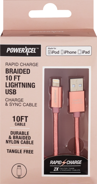 Rapid Charge Braided 10Ft Lightning USB Charge & Sync Cable, Rose Gold