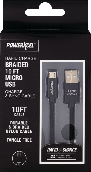 Rapid Charge Braided 10Ft Micro USB Charge & Sync Cable, Black