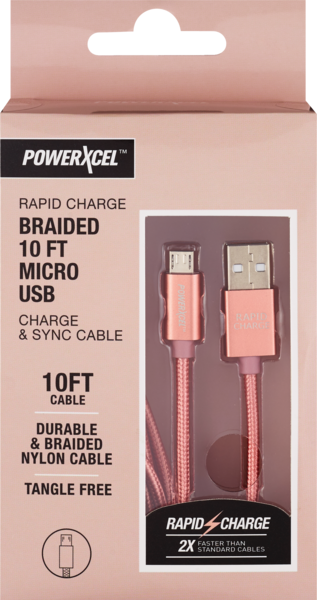 Rapid Charge Braided 10Ft Micro USB Charge & Sync Cable, Rose Gold