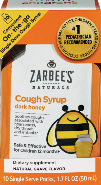 Zarbee's Naturals Children's Dark Honey Cough Syrup, Natural Grape Flavor, 10CT, 1.7OZ