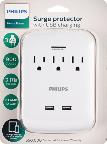 Philips Surge Protector with USB Charging, 3 Outlets