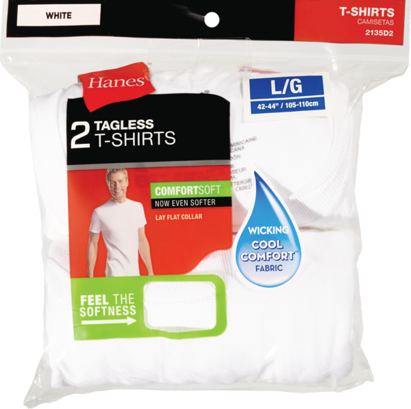 Hanes Crew Neck Tagless T-Shirts, White, Large, 2 CT